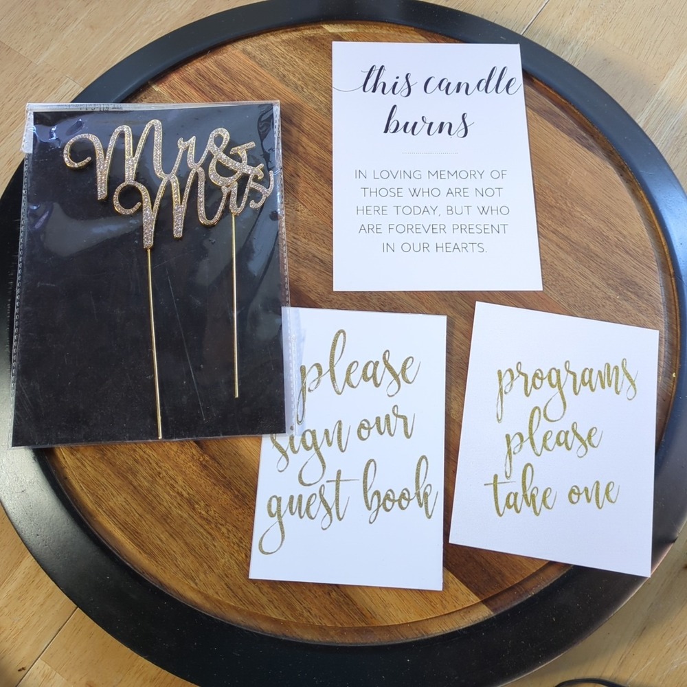 Mr. & Mrs Cake Topper Gold Metal Bridal Wedding Shower Engagement & Cards Bundle